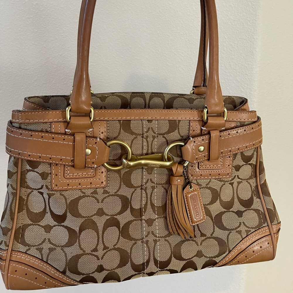 Coach Hampton Brown Leather Signature Satchel Bag.